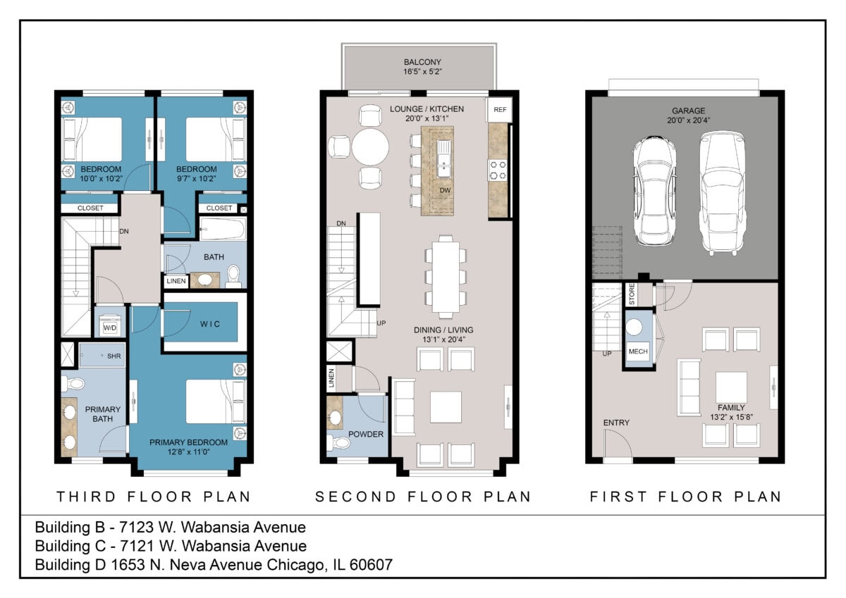 townhome layout 1st 2nd 3rd floor